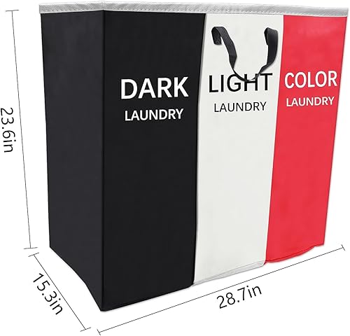 Miniatura 9 de Cesta de lavandería de 168 litros, clasificadora de canastas de almacenamiento de mantas grandes, organizador de bolsas de 3 secciones para ropa