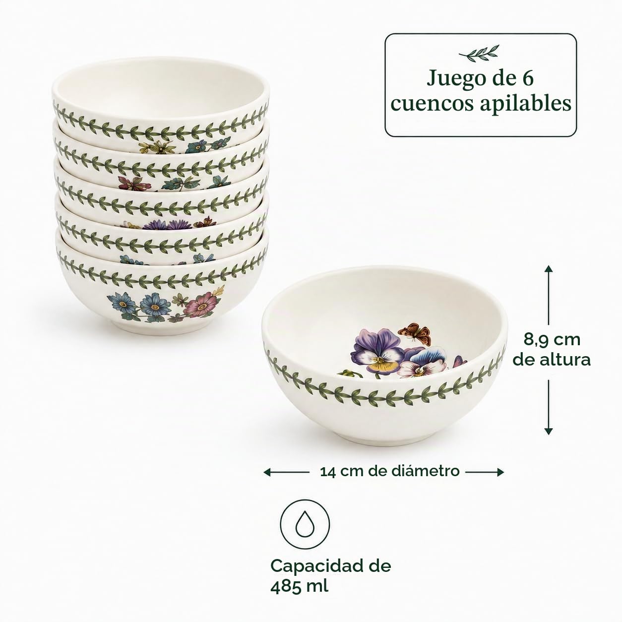 Portmeirion Botanic Garden - Cuenco apilable (14 cm, 6 unidades), diseño de sopa