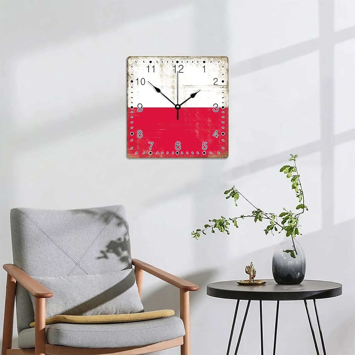Square Wood Wall Clock Poland National Flag Wooden Arabic Numerals Clock Silent Non-Ticking Battery Operated Home Wall Clock for Living Room Cottage Bedroom Decorations 12x12in
