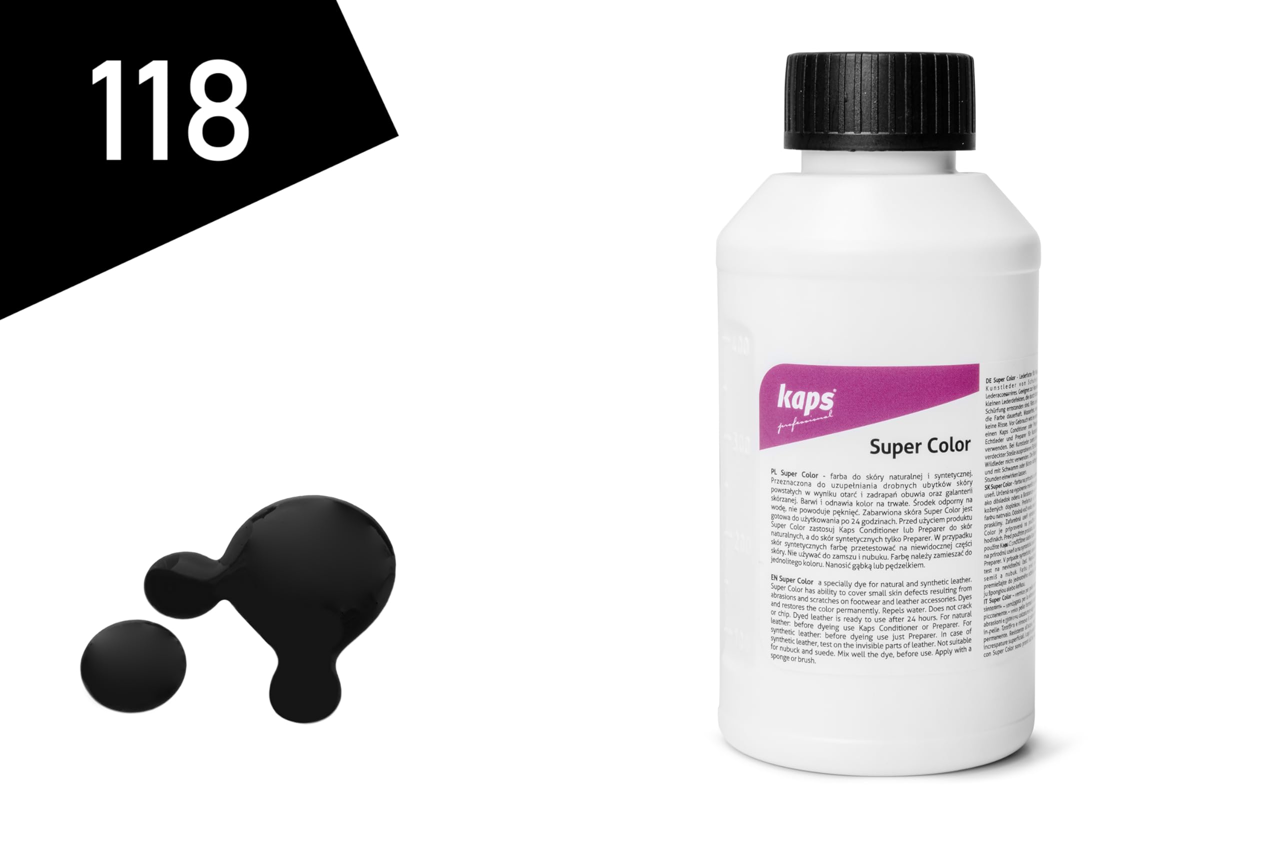 Kaps Tinte para Cuero Natural y Sintético y Textiles, Super Color, 82 Colores Estándar y Metálicos, Bote Grande 500 ml - 16.9 fl. oz. (118 - negro)