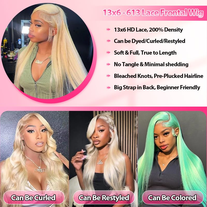 IUPin 613 13x6 Lace Front Wig Human Hair 220% Density Straight Blonde Wig Human Hair 613 HD Lace Frontal Wig Transparent HD Lace Pre Plucked with Baby Hair for Women 26 Inch