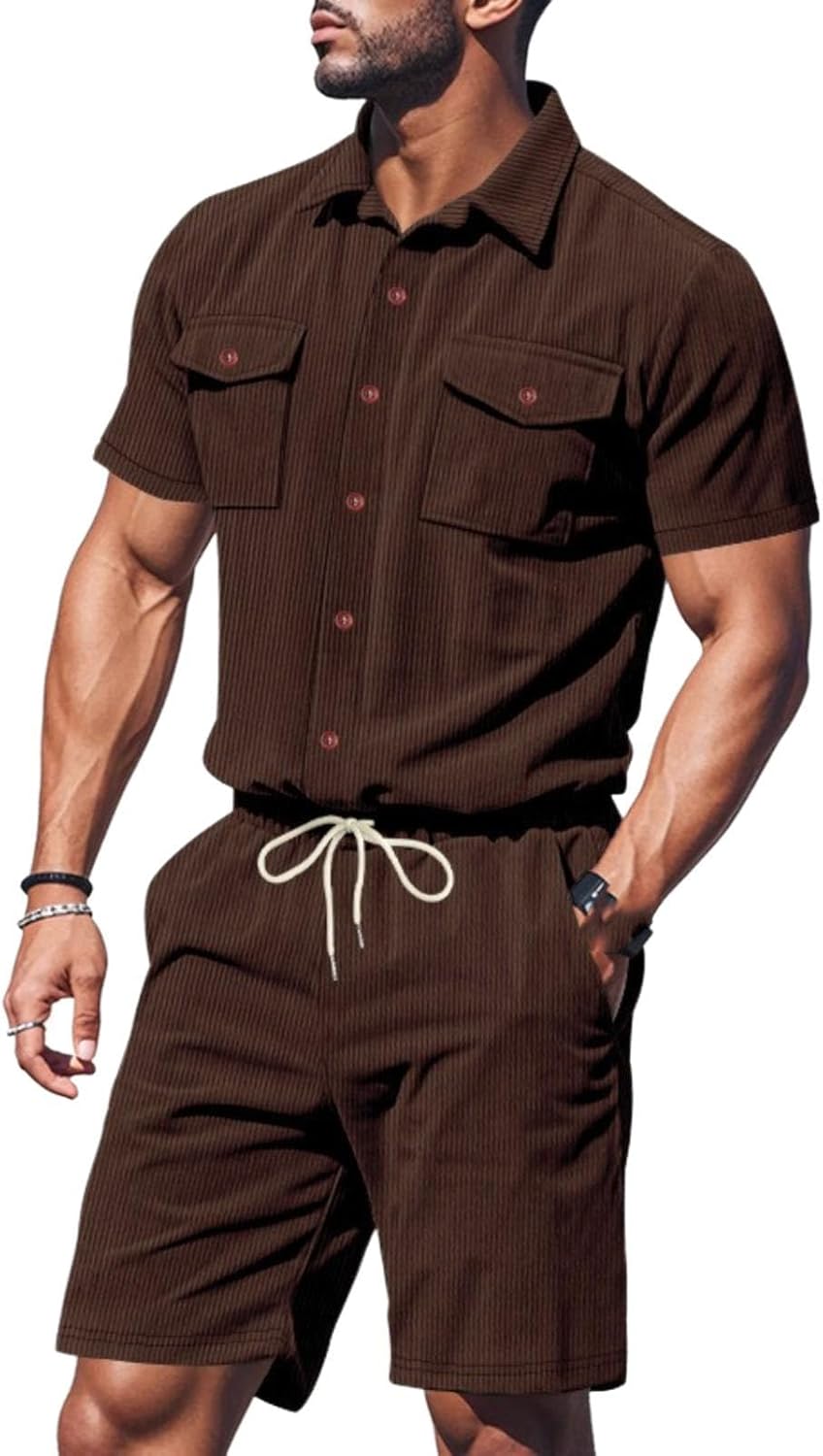 Men's Casual Outfits 2 Piece Sets Summer Short Sleeve Textured Collared Shirt and Shorts