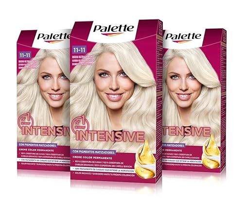 Schwarzkopf Palette Intensive, Creme Color -Tinte 11.11 cabello Rubio ultra platino, Coloración Permanente de Cuidado con Aceite de Marula, Color duradero hasta 8 semanas (Pack de 3), 500.0 mililitro