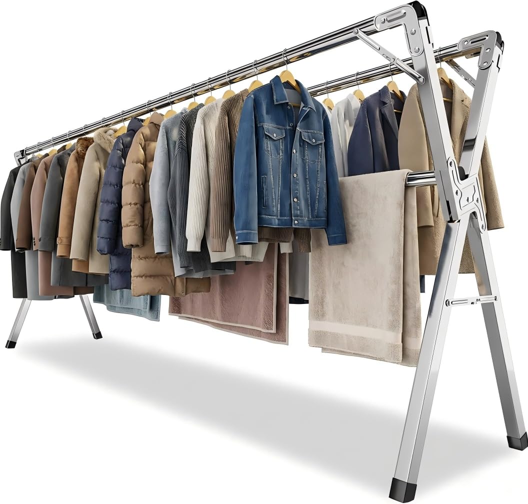 Wäscheständer aus Edelstahl klappbar, Wäschetrockner für Innen & Außen, verstellbar 140–240 cm, Jede Stange bis 60 kg belastbar, 40 Winddichte Kleiderhaken, großer Kleiderständer | Wäschetrockner Für Innen- und Außenbereiche, Jede Stange bis 60 kg belastb