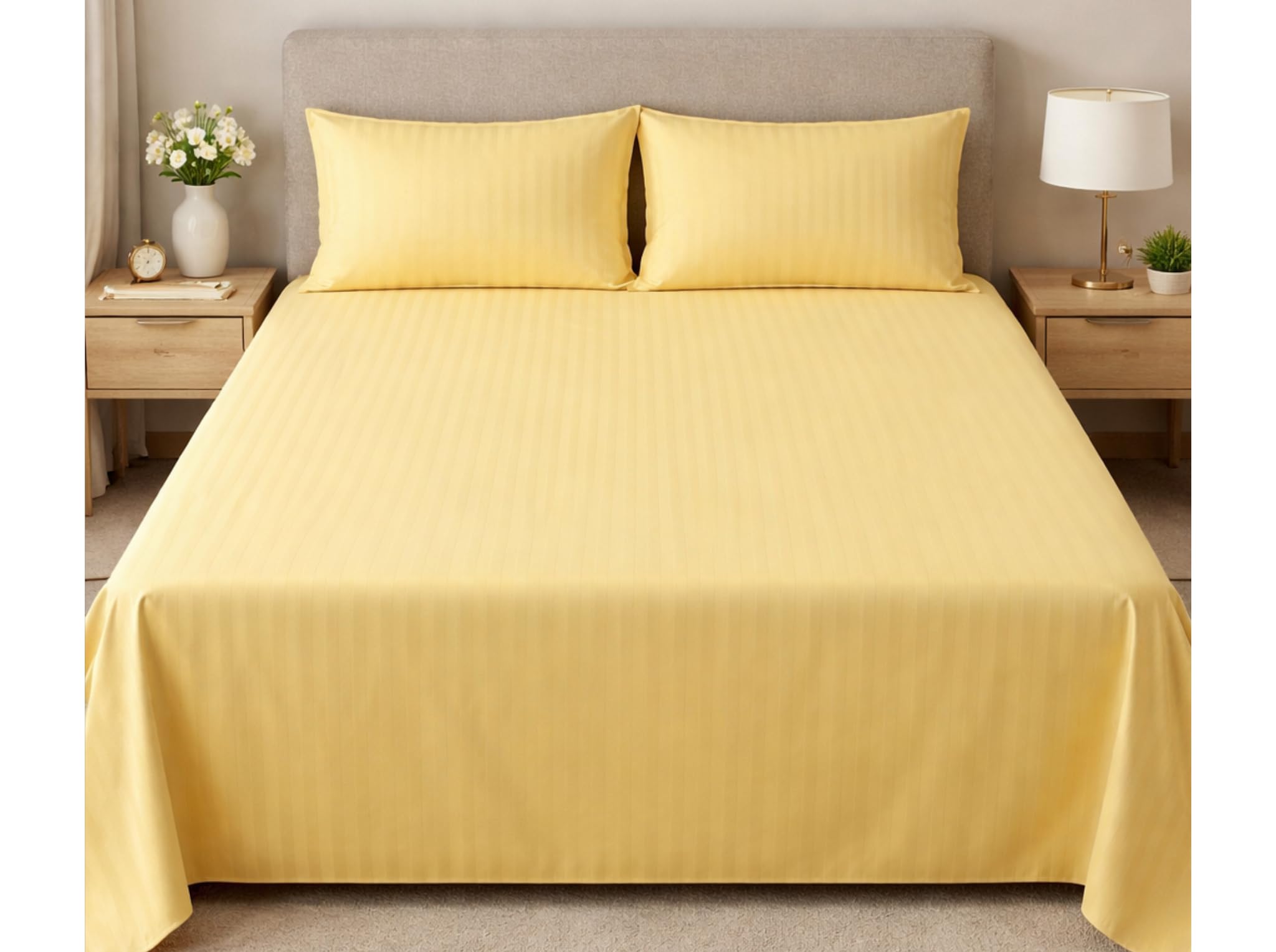 Elegance Series Super King Size Bedsheet with 2 Pillow Covers | Luxury Striped Cotton Blend Bedsheet Set TC 300 | Soft, Breathable & Hotel-Style Finish (108 x 108 inches) (Butter Yellow)