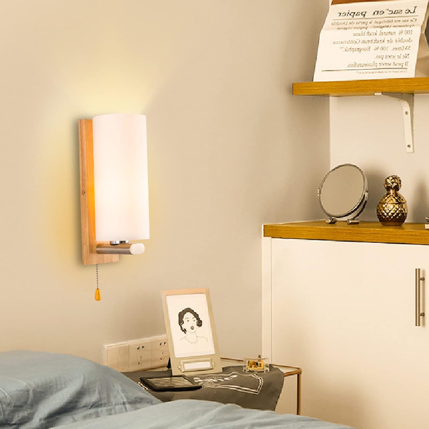 Modern Wandleuchte mit Zugschalter Glas Lampeschirm Wandlampe mit Schalte Holz & Glas Lampeschirm Rund Wandleuchten Lampe Innen Beleuchtung Wohnzimmerlampe Flur Schlafzimmer Leuchten