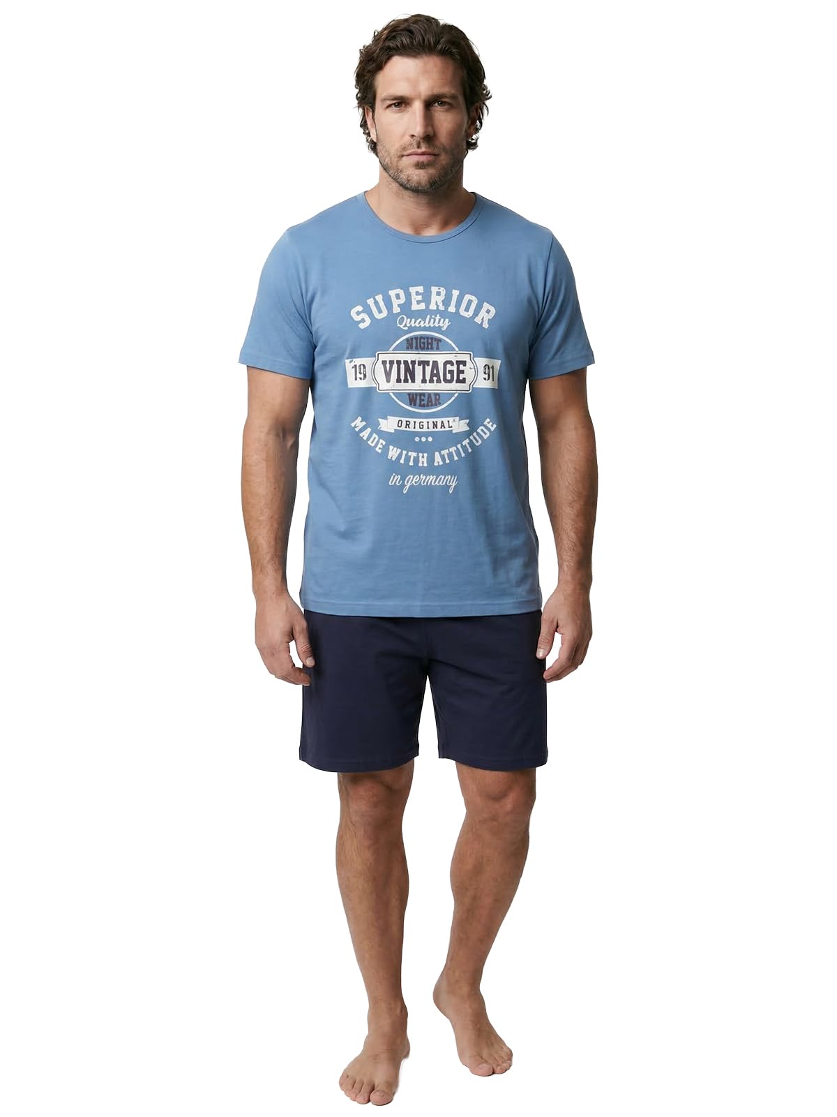 Henry Terre Herren Pyjama Set 2 TLG. Shorty Vintage Blaue Sh