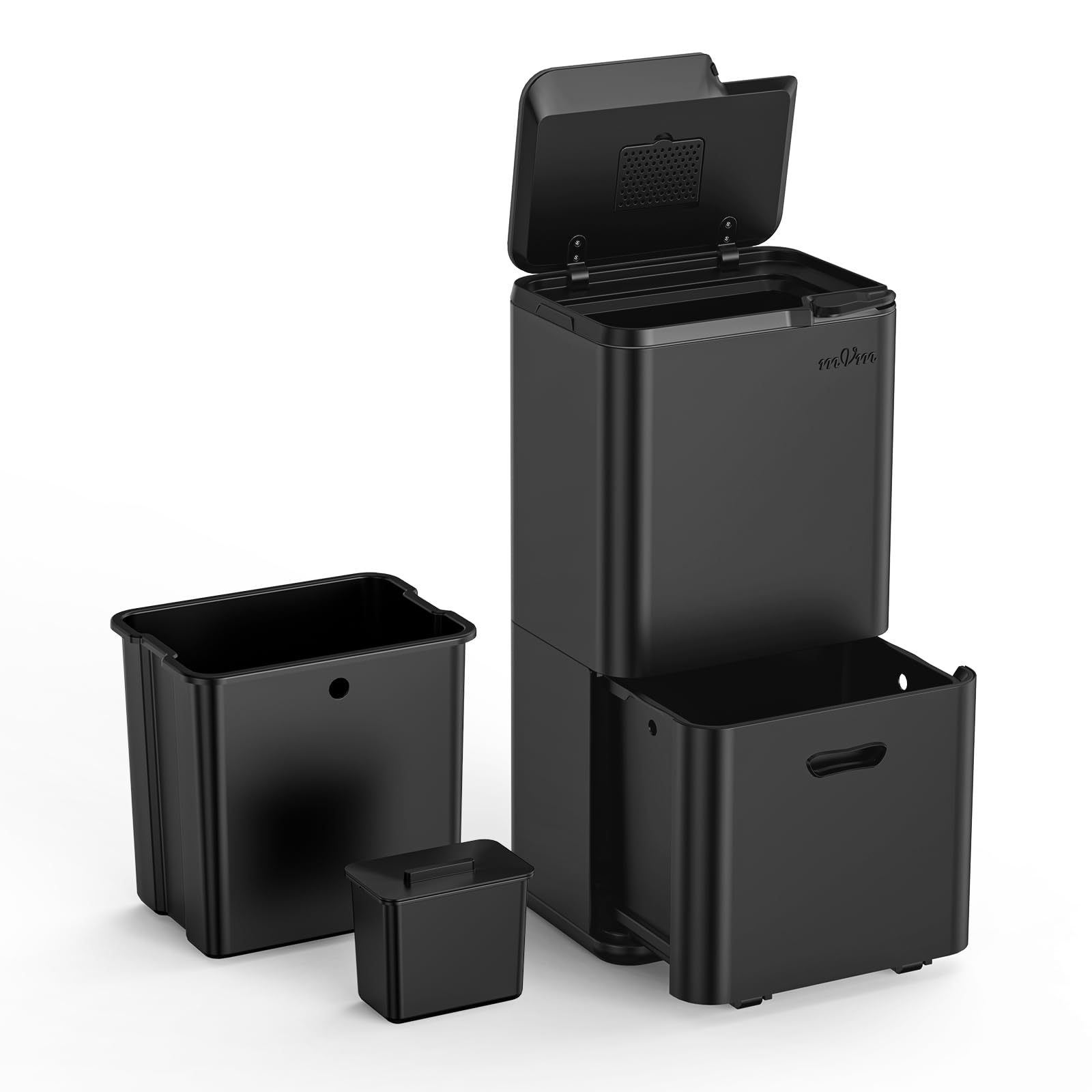 mVm Kitchen Bin,63L Triple Rubbish Bin,3 Compartment Stainless Steel Press Bin,Recycling Bin with Soft-Close Lids and Plastic Inner Buckets,Fingerprint Proof,Odour Seal,Large Capacity Trash Can