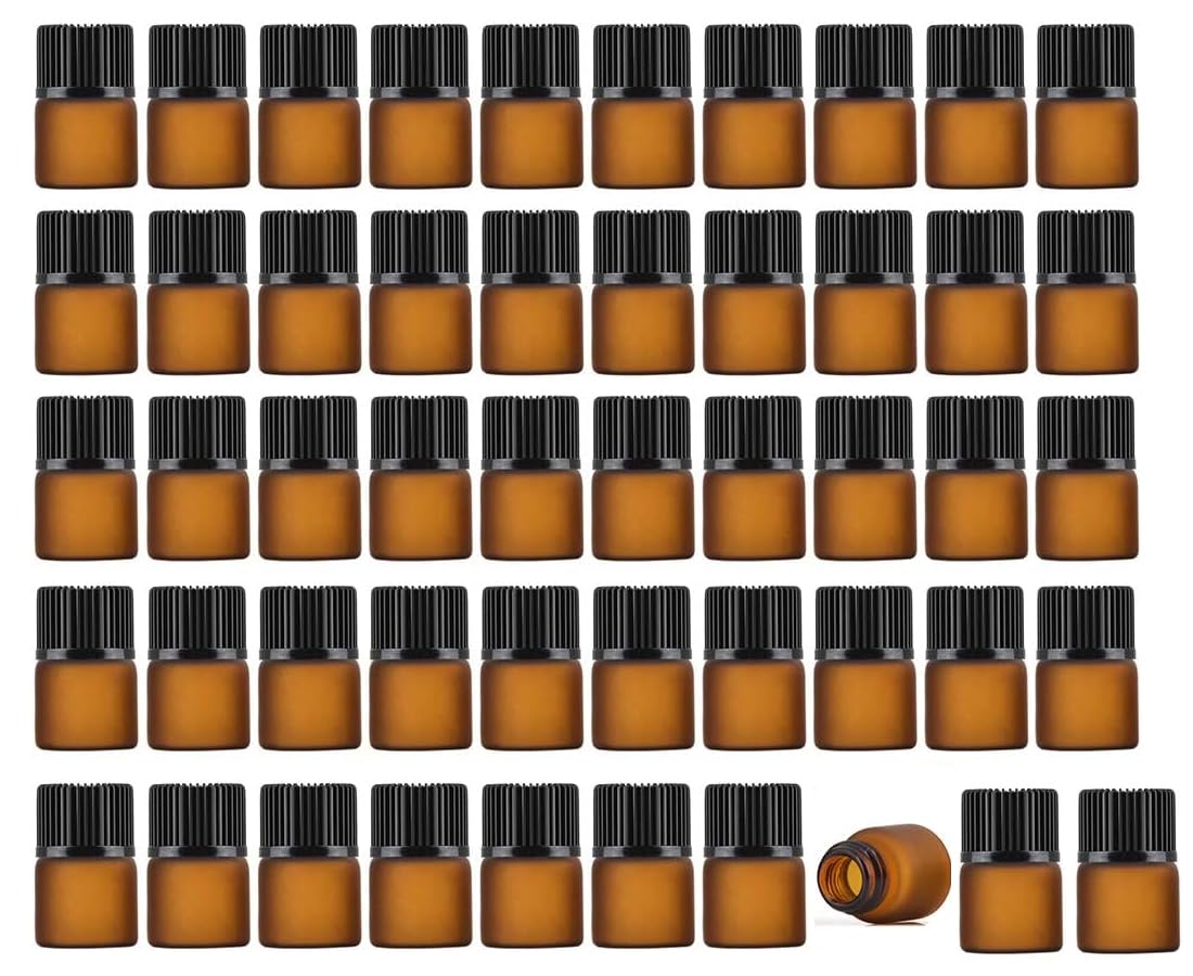 SYOSI 50Pcs Mini Amber Glass Essential Oils Sample Bottles Empty Refillable Brown Glass Perfume Bottles (1ML)