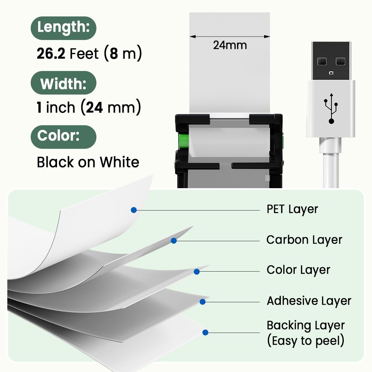 Anomi Nastro per etichettatrice, ricambio per Brother P Touch TZe-251 24 mm Inch Laminated White Label Tape aze251 tz-251 24 mm 0.94, per PTouch PT-D600 PT-D610BT PT-P710BT PT-P700 PT P910BT