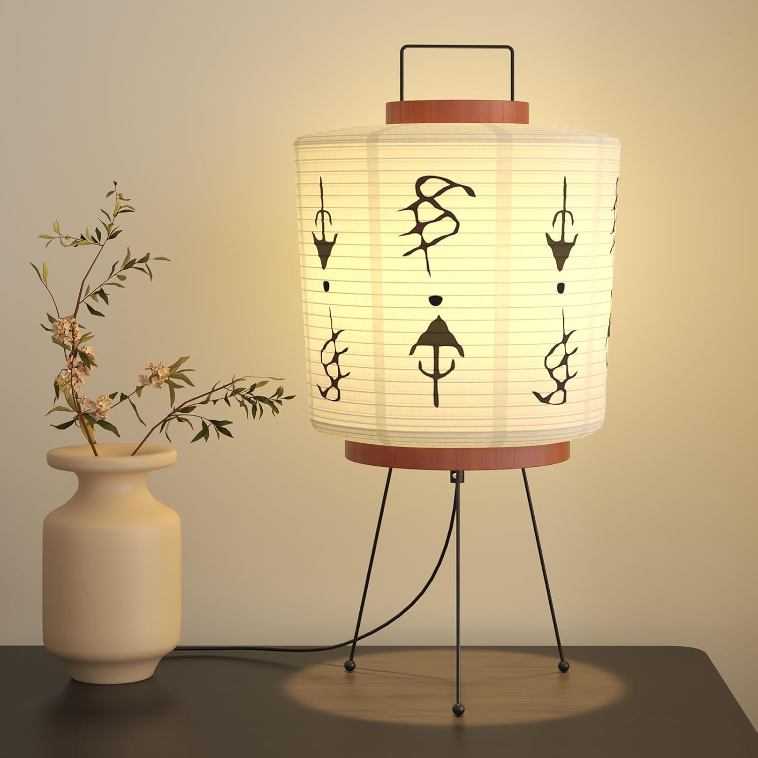 TACAHE Handmade Akari Table Lamp - Japanese Washi Paper Lantern - E26 Socket with Inline Cord Switch - 3 Color Temperature Bulb Included - Japandi Style Ambient Light - 21" Height