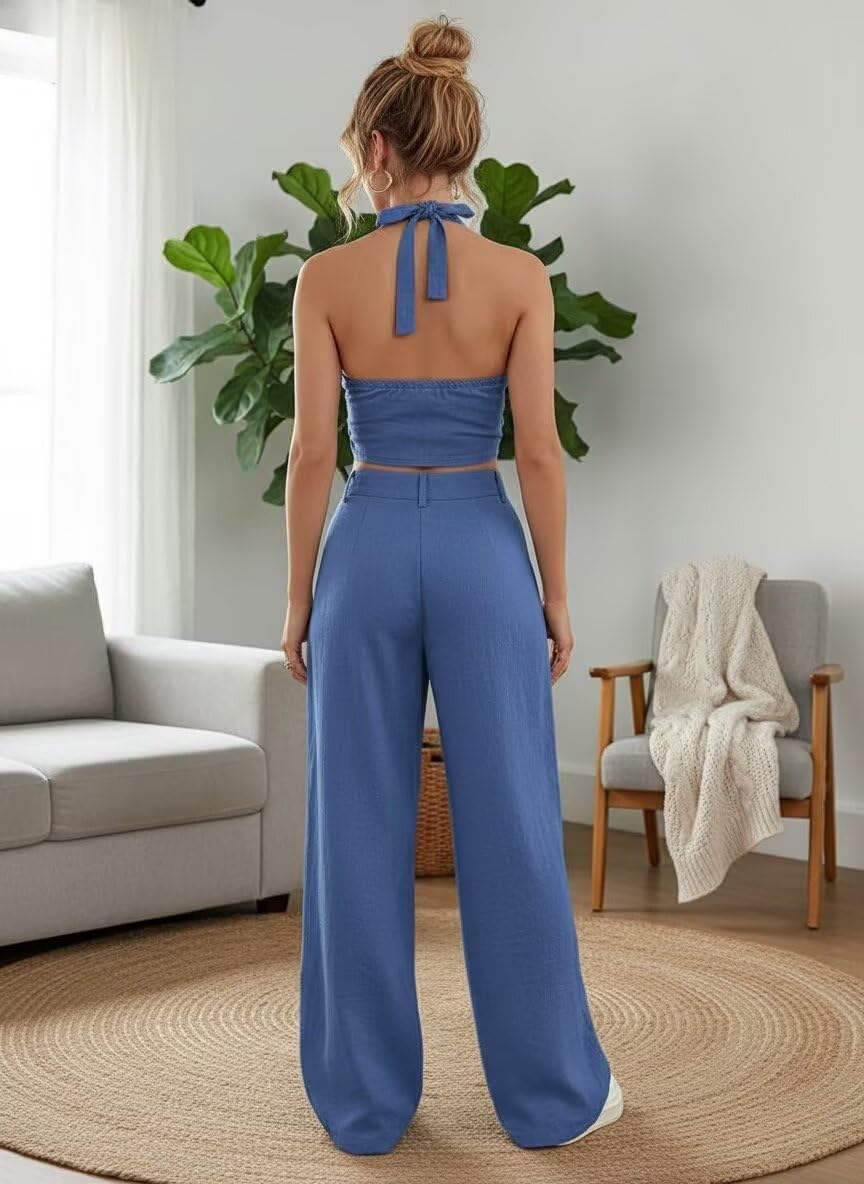 Linen Womens 2 Piece Outfits Halter V Neck Casual Womens Summer Outfits Sleeveless Wide Leg Vest Pants Set