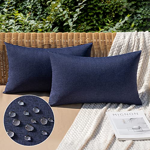 MIULEE Pack of 2 Decorative Outdoor Solid Waterproof Throw Pillow Covers Faux Linen Garden Farmhouse Cushion Cases for Summer Patio Tent Balcony Couch Sofa 20x12 Inch Navy
