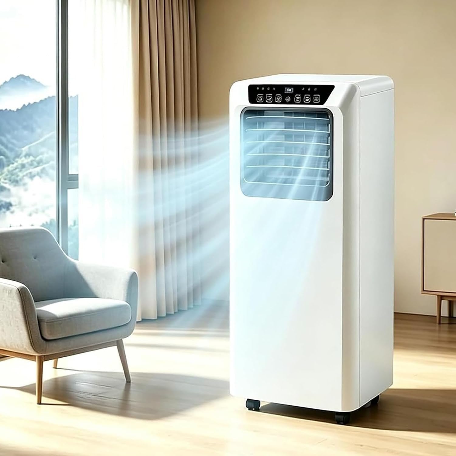 Przenośny Klimatyzator 7000/9000 BTU 3w1, Chłodzenie Osuszacz i Wentylator Energia Klasa A, Praca 42dB Cicha, Wyświetlacz Cyfrowy Timer 24h, Zestaw Okienny do 2, 9000btu