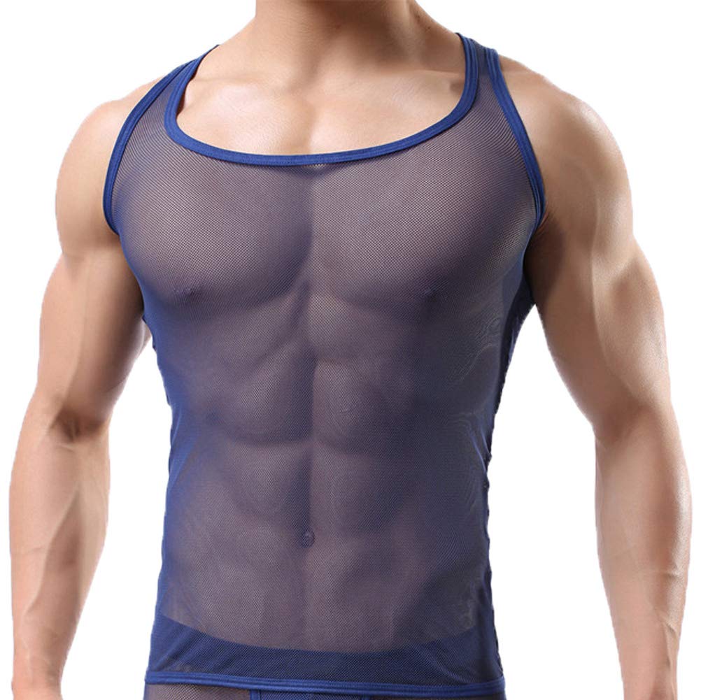 Uneihoiz Men's Summer Mesh Soft Tank Top See Through Vest Stretch Undershirt Dark Blue Large