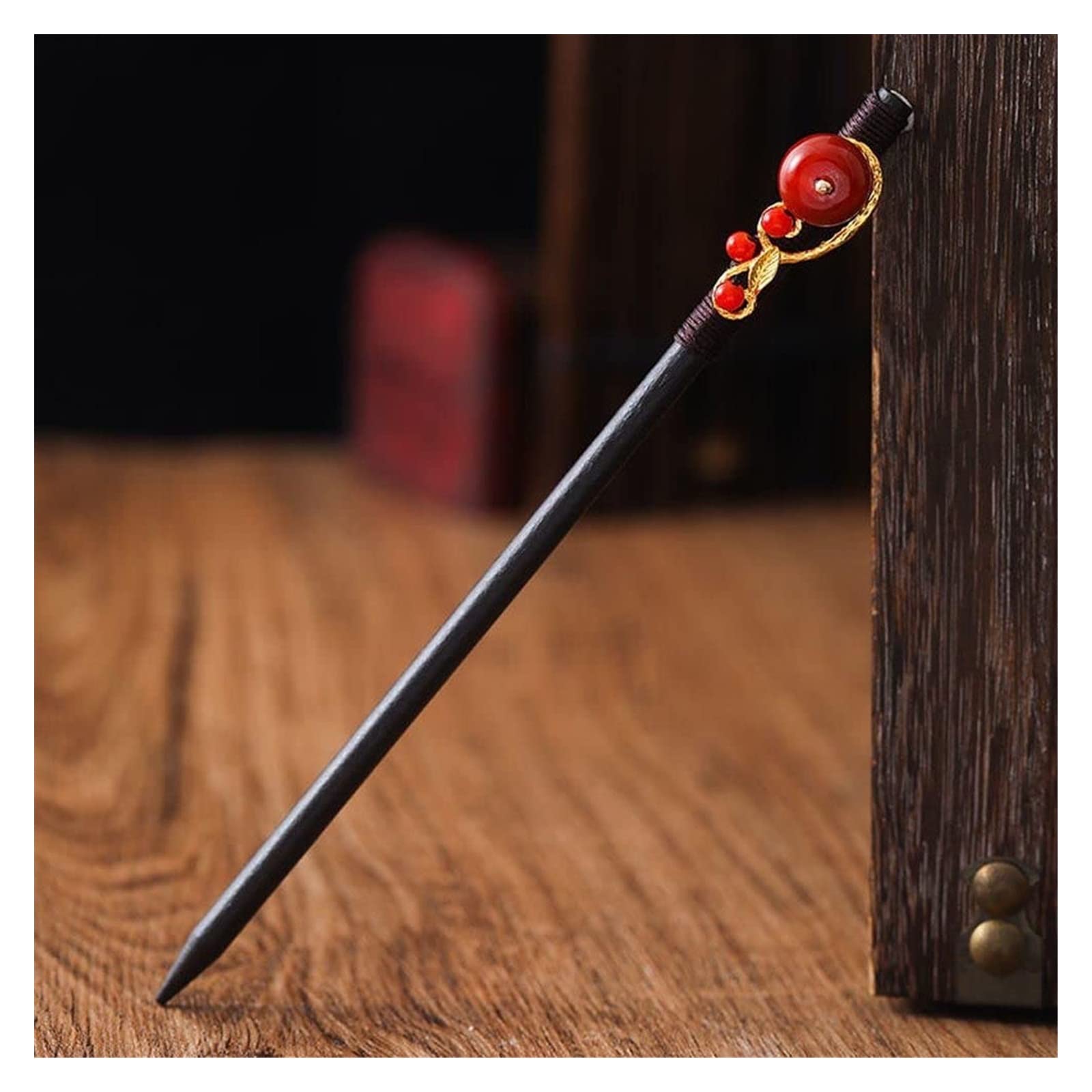 Fourchette à cheveux chinoise en bois YANHAO avec fleur rouge pour chignon stable