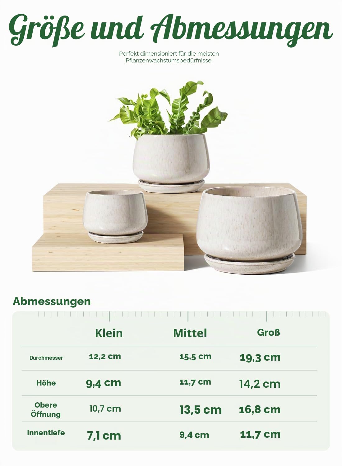 LE TAUCI Keramik Blumentopfe mit Untersetzer, 10+13+16 cm Durchmesser Klein Blumentöpfe Set, 3er Set Übertöpfe für Zimmerpflanzen, Pflanztöpfe mit Abflussloch, Reaktive Glasur Beige