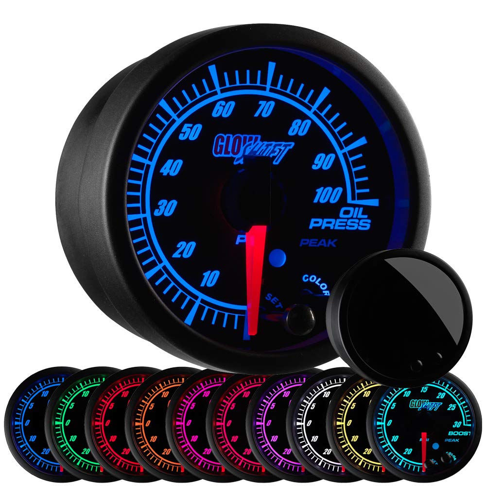 GlowShift Elite 10 Color 100 PSI Oil Pressure Gauge Kit - includes Electronic Sensor - Black Dial - Tinted Lens - Peak Recall Function - for Car & Truck - 2-1/16" 52mm
