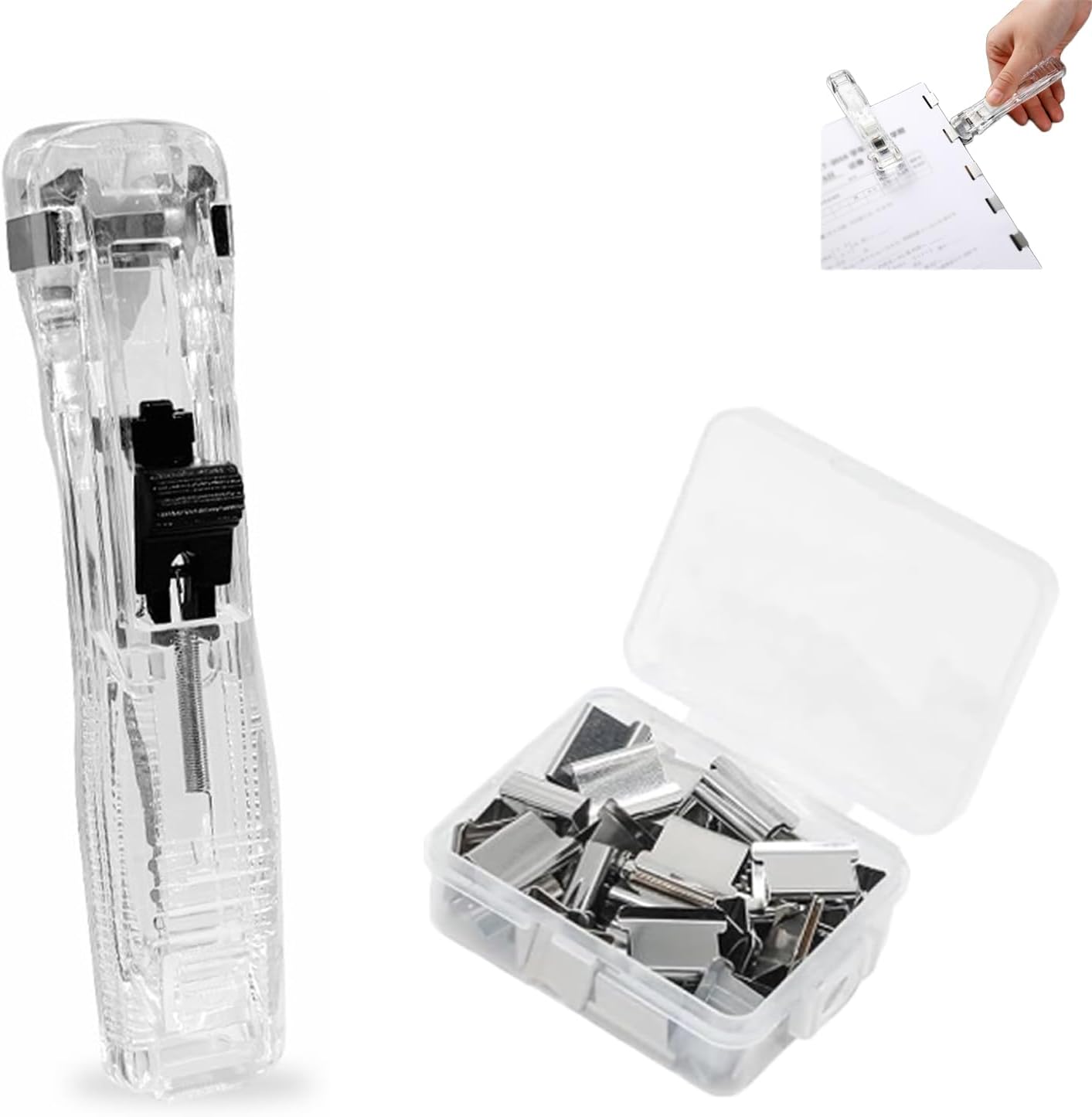 Portable Binder Clip Stapler- Includes 50 Reusable Clips, Mini Push Stapler Dispenser Papers Clamps, Reusable Push Clip Stapler, For Office School Test Paper Organization (E#,50 clips-b)