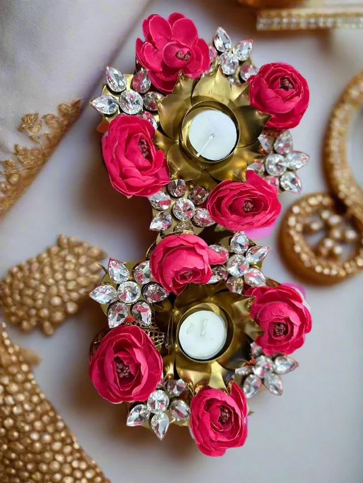The Panache Handcrafted Red Rose Crystal Studded Diya Elegant Floral Decor Perfect for Festivals 2 Pair Set with 2 Tea Light Candles Included.