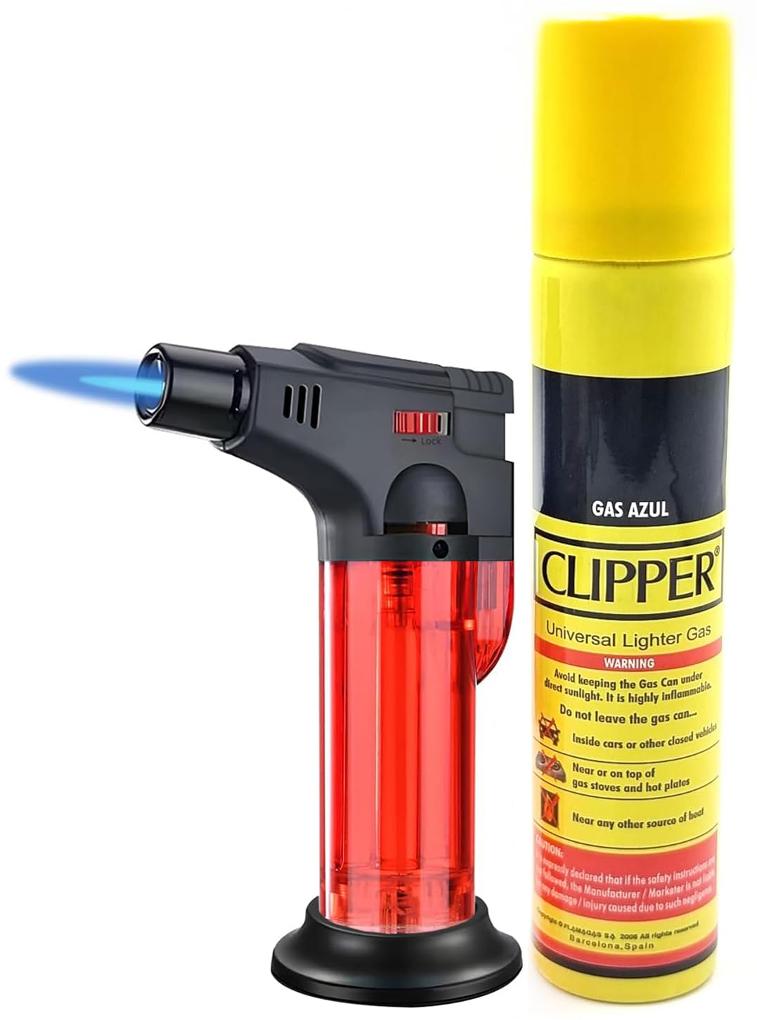 VIOVI Blow Torch Windproof Sharp Jet Flame Refillable Butane Gas Torch Lighter with 100ml Clipper Lighter Gas Refill Can I Great for Home Kitchen, Camping and Outdoor Pocket Lighter (Red-Yellow)
