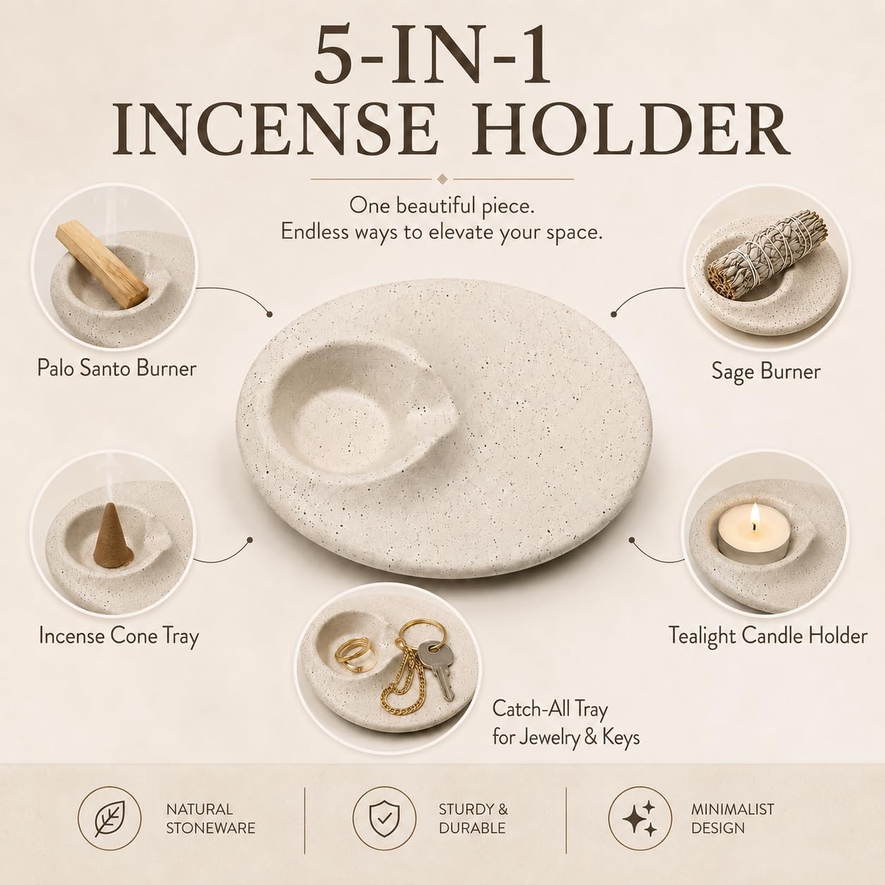 Cement Incense Holder, 5-in-1 Palo Santo Holder Ceramic Ash Tray