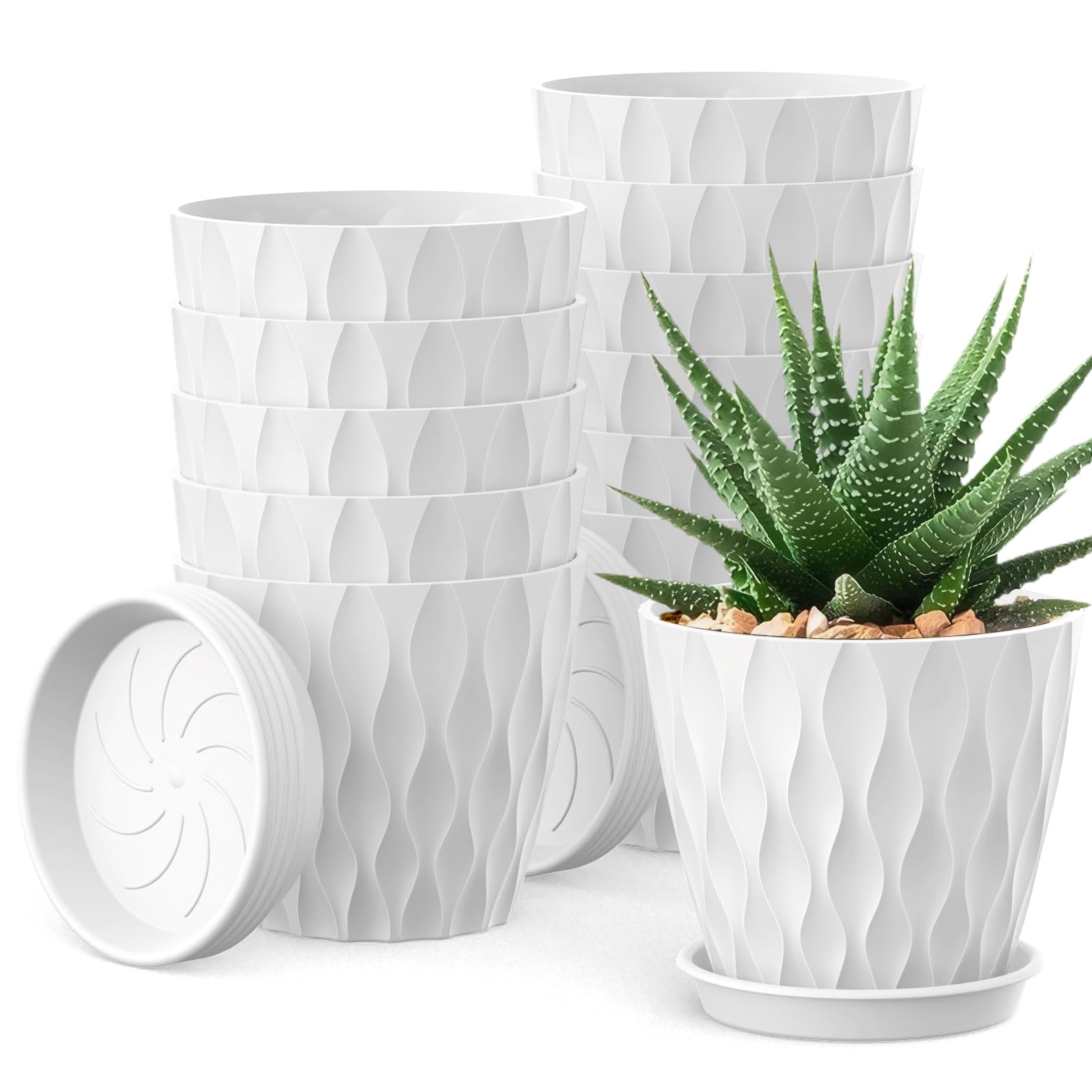 Photo 1 of UOUZ 12 Pack 4 Inch Small Plant Pots with Saucers, Waffle Texture Plastic Planters with Drainage Holes for Indoor and Outdoor Plants, Flowers, Herbs, Succulents, and Seedlings, White