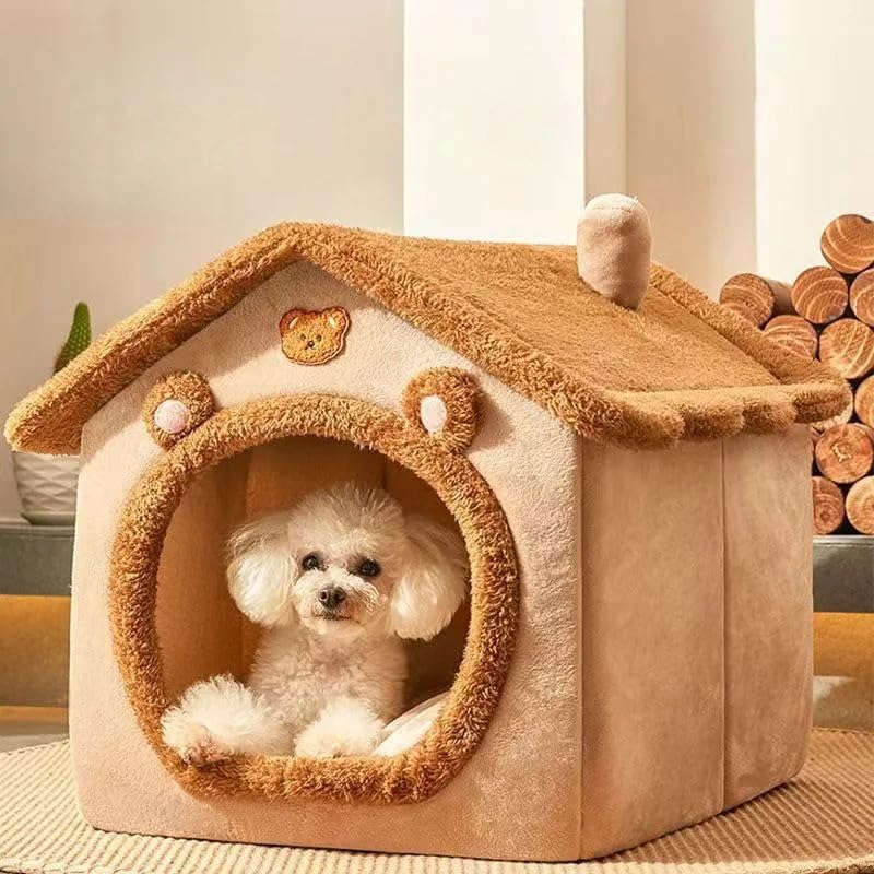 All Seasons Warm Washable Cat Dog House Indoor Soft Removable Cushion Pet Bed Kennel for Small Medium Pets Durable Pet Supplies (Brown, Large)