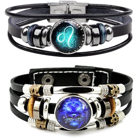 WLL 2Pcs Multilayer Constellation Zodiac Leather Bracelet for Women Men Handmade Woven Zodiac Sign Wrap Wristband Bracelet Couple BFF Birthday Jewelry