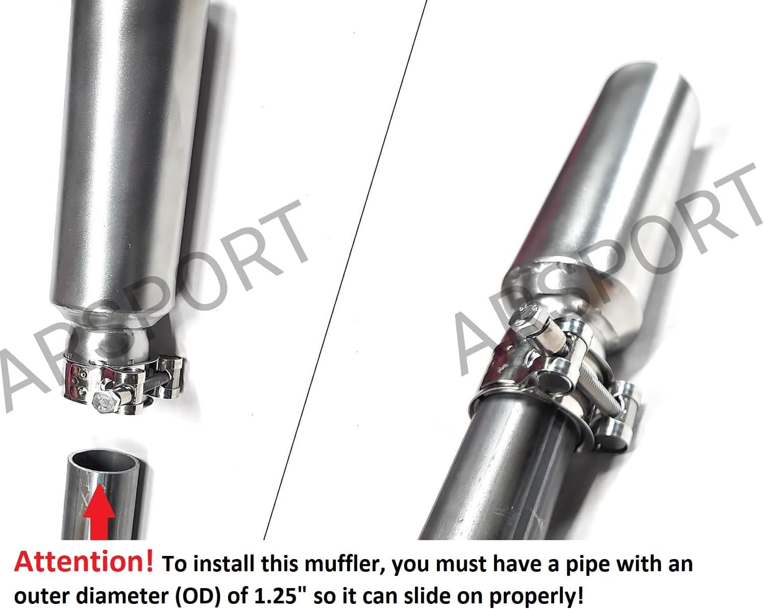 ARSPORT Stainless steel Muffler Slip-On 1.25" OD tubing, Spark arrestor inside, Predator 420, Predator 670, Predator 459, GX240, GX270, GX390, Generator, minibike, Gokarts.
