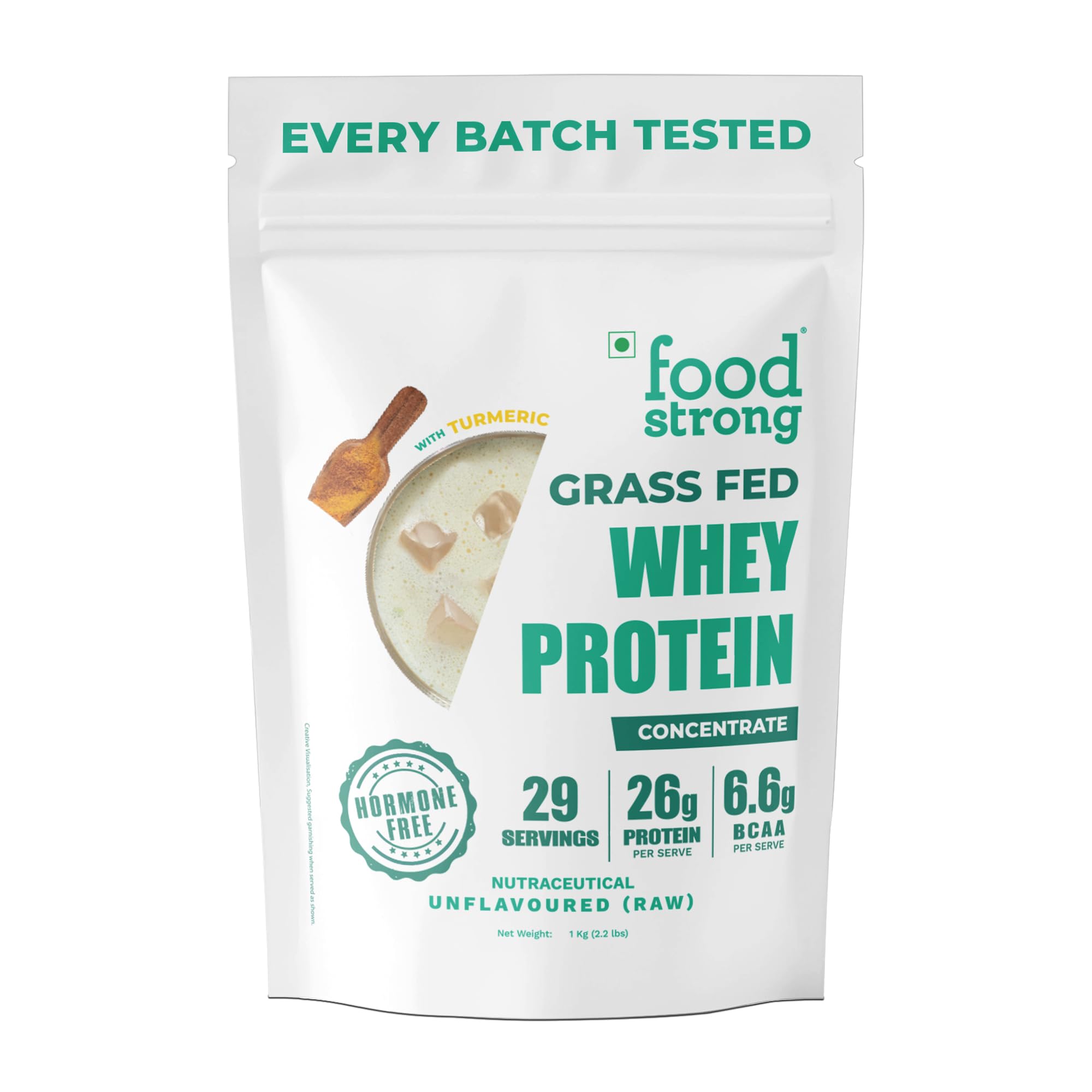 Foodstrong Whey Protein Powder (Concentrate + Isolate), 100% Hormone Free Grass-Fed Whey, 26G Protein & 6.6G BCAA, Unflavoured (Raw), With Turmeric & Digestive Enzymes, 1KG