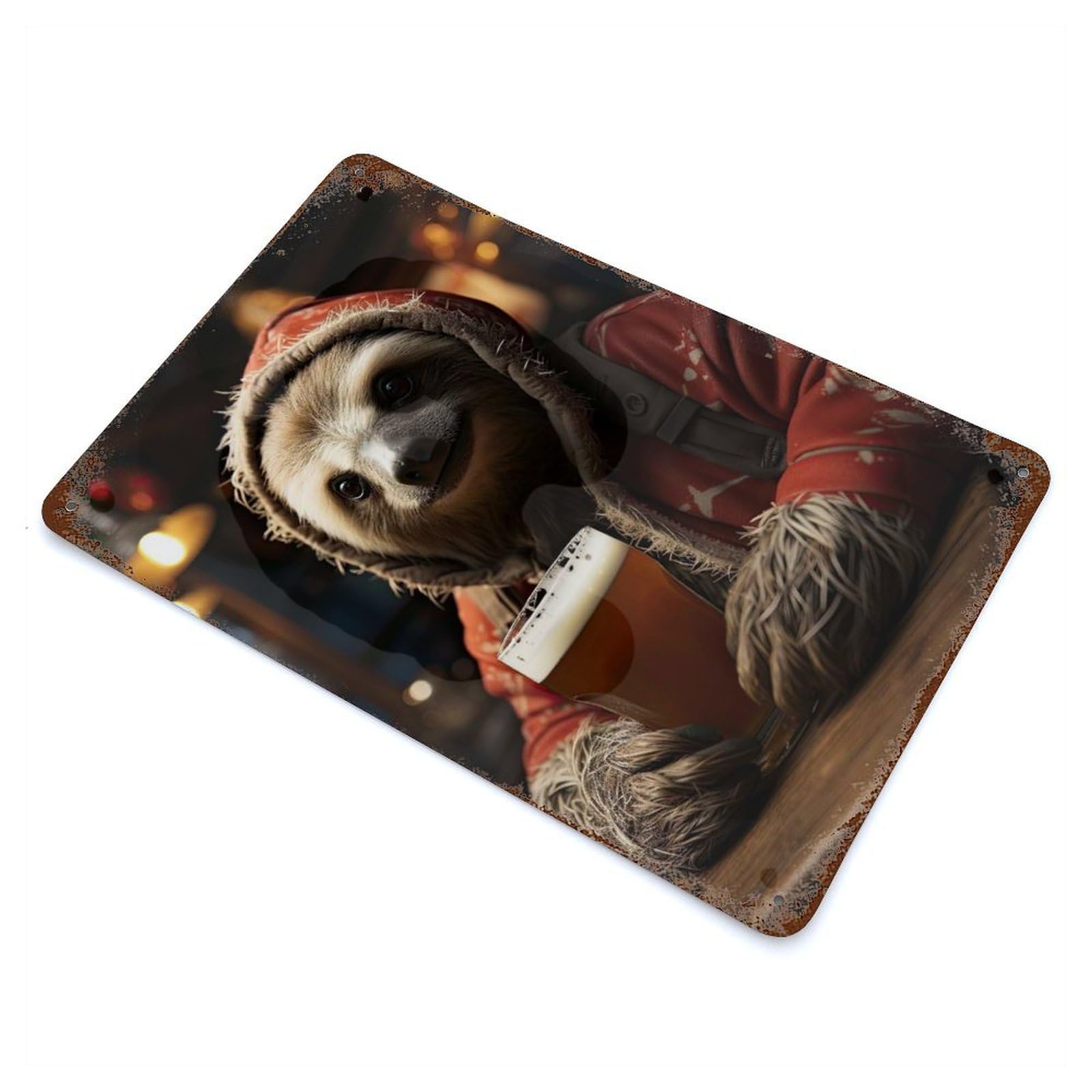 Holiday Beer Sloth 11.8"x7.9" Weathered Tin Sign, Decorative Metal Wall Art for Cafe, Home Bar And Lounge Decor