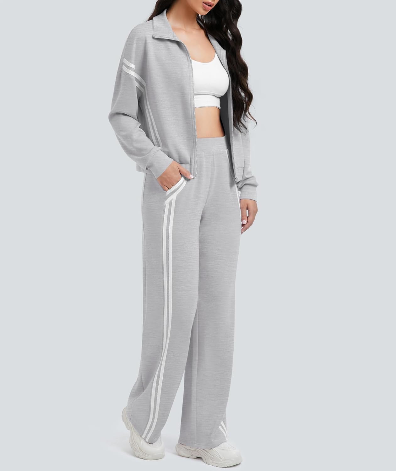 Casly Lamiit Women's 2 Piece Lounge Outfits Zip Up Sweat Set Contrast Striped Wide Leg Jogging Pants Travel Track Suit - Image 3