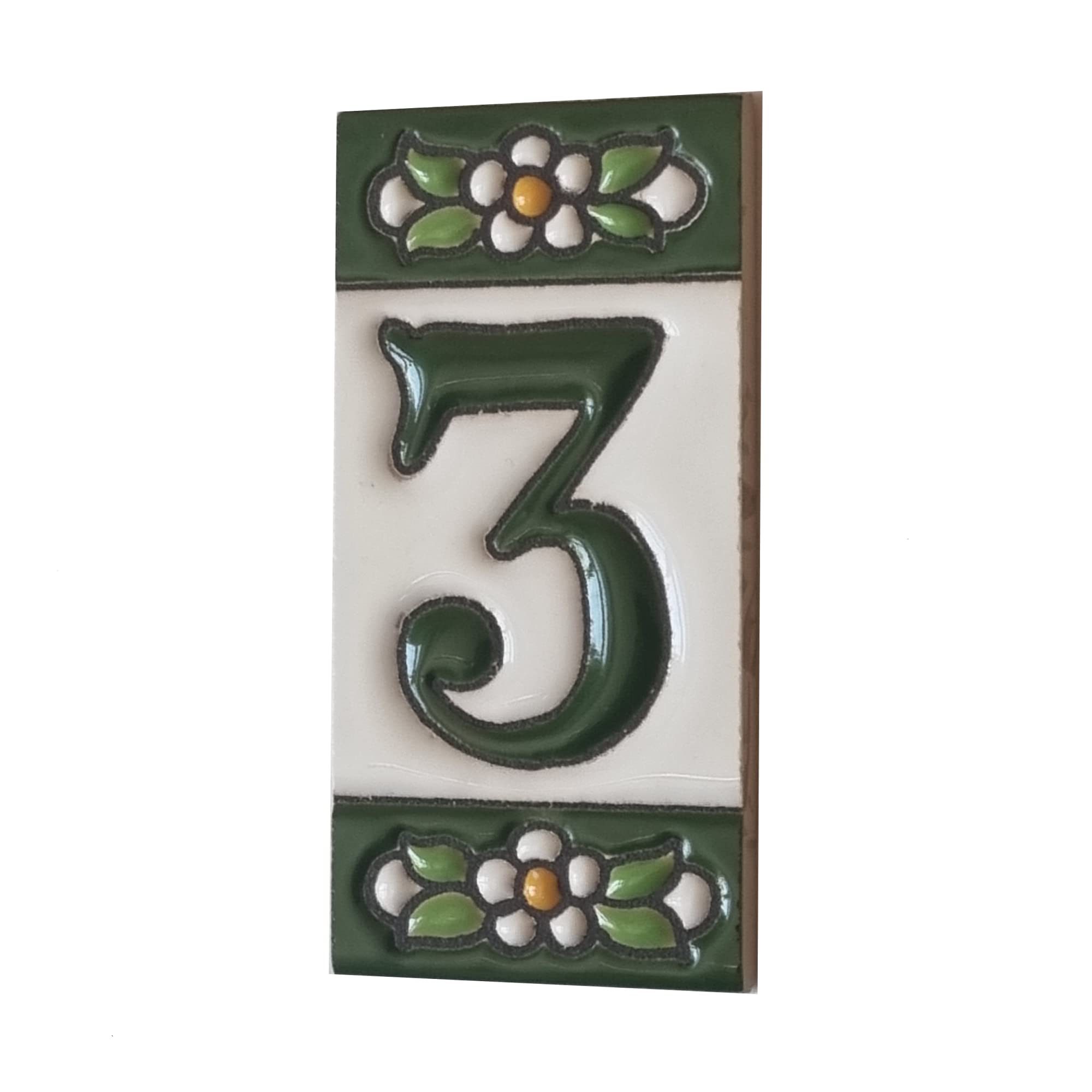 Ceramic House Tile Numbers & Letters, Green Floral Design, Tile Size: 7.5cm x 3.5cm, 2 to 10 Tile Frames (3)