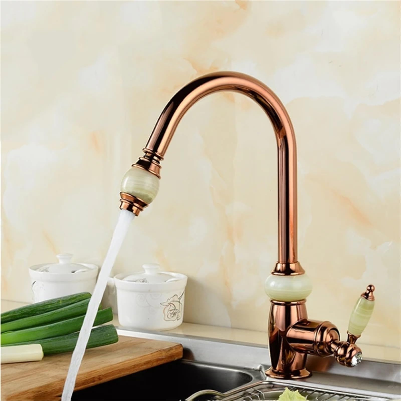 Kitchen Faucets Brass 360 Rotate Kitchen Pull Out Faucet with Jade Shower Head Cold Hot Water Mixer Sink Taps(Rose Gold,Hose Size 3-8)