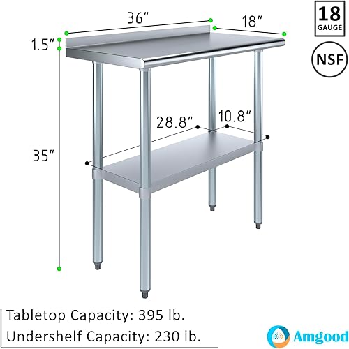 Miniatura 3 de AmGood Mesa de trabajo de acero inoxidable de 18 x 36 pulgadas con protector contra salpicaduras de 1.5 pulgadas | Mesa de preparación de alimentos