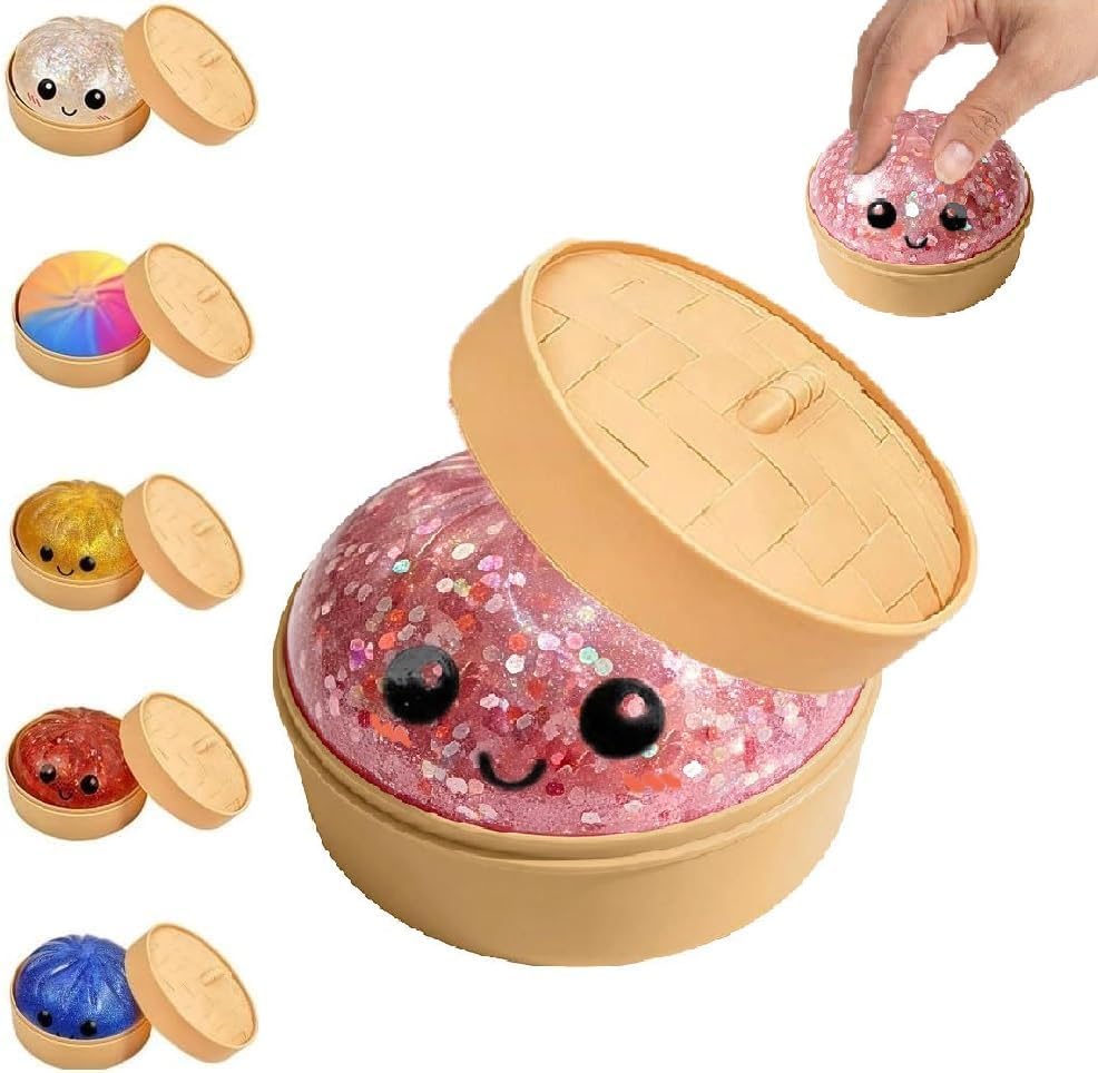 Dumpling Squishy Mystery Box, Slow Rising Glitter Squishy Dumpling Toy, Anxiety Relief Fidget, Stocking Stuffers with Food Steamer Stretchy Desk Toys (Glitter Pink)