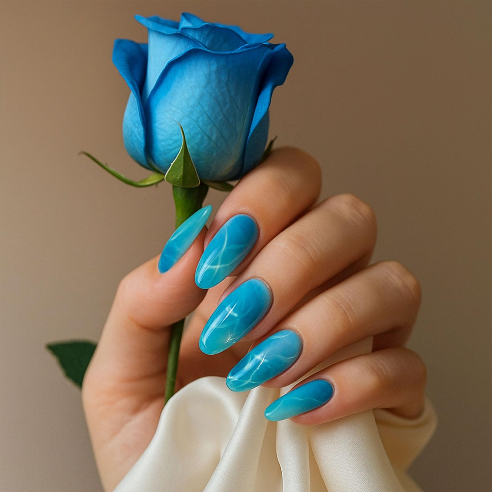 Gradient Turquoise Marbled Wave Press On Nails With Sparkling Star Accents Almond Shaped - Image 3