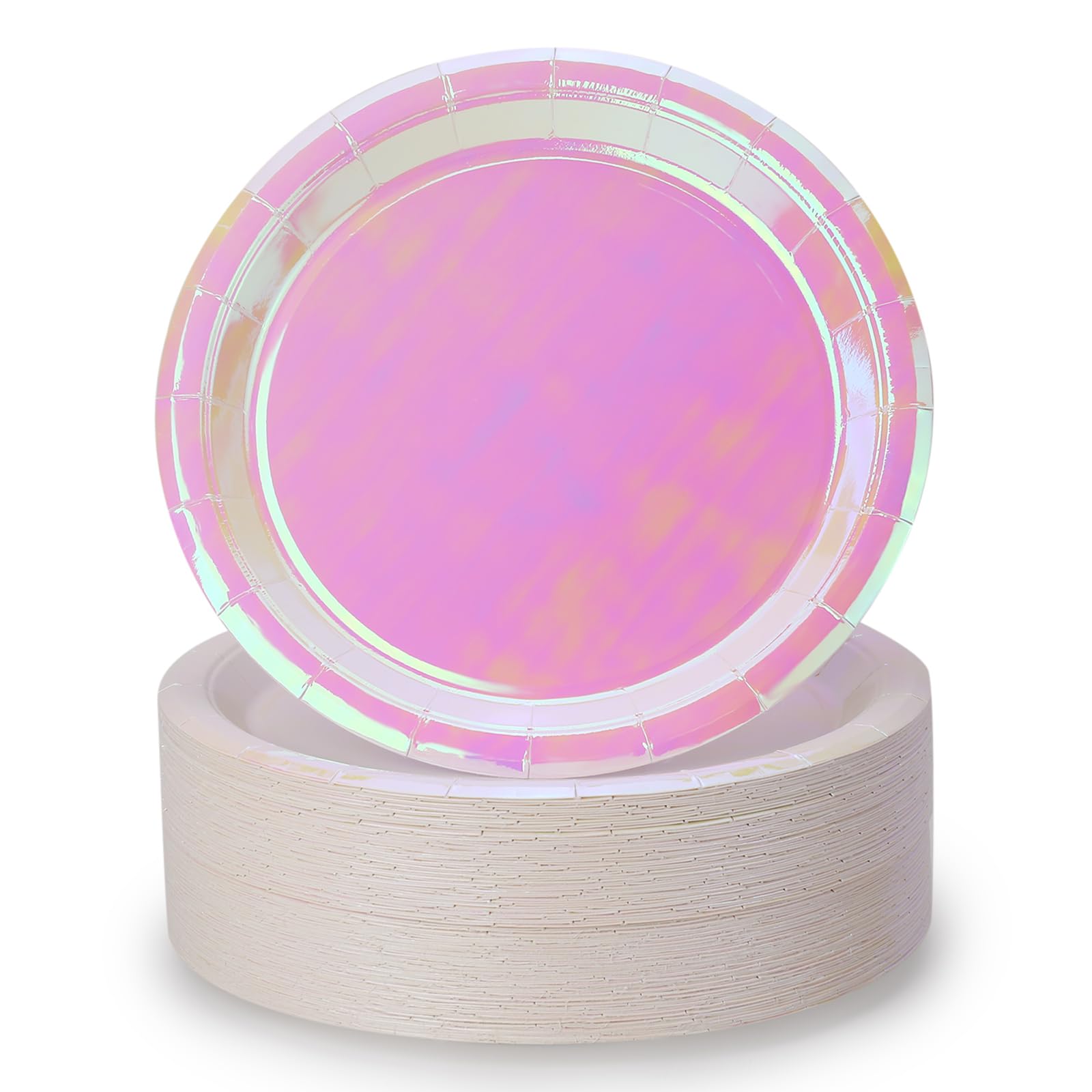 Iridescent Pink Paper Plates 9 Inches [50 pack] Round Disposable Rainbow Dinner Paper Plates Cakes Salad Pizza Holographic Light Pink Pastel Party