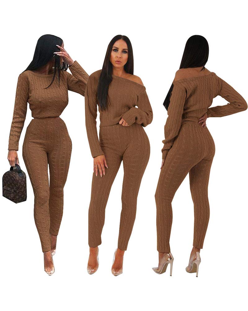Women Casual 2 Piece Outfits Knitted Crop Tops Skinny Pants Sets Jumpsuits Coffee L