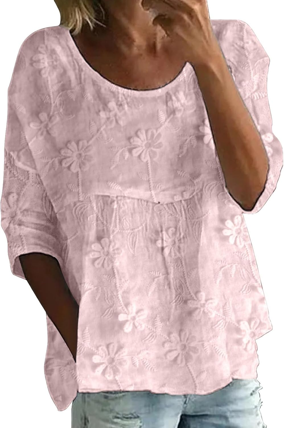 Peasant Blouses for Women Gauze Cotton 3/4 Length Sleeve Loose Fit Casual Boho Tops Summer Floral Lightweight Flowy Tees