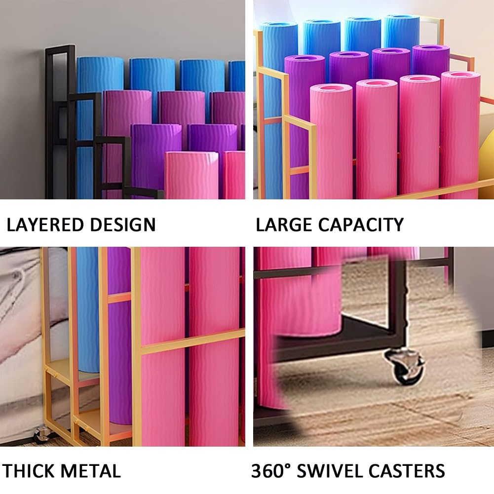 Soporte para Esterilla de Yoga, Estante de Almacenamiento de 3 Niveles con Ruedas, Organizador de Gimnasio para Equipo de Ejercicio, Soporte para esterillas de Yoga, Rodillos de Espuma y blo