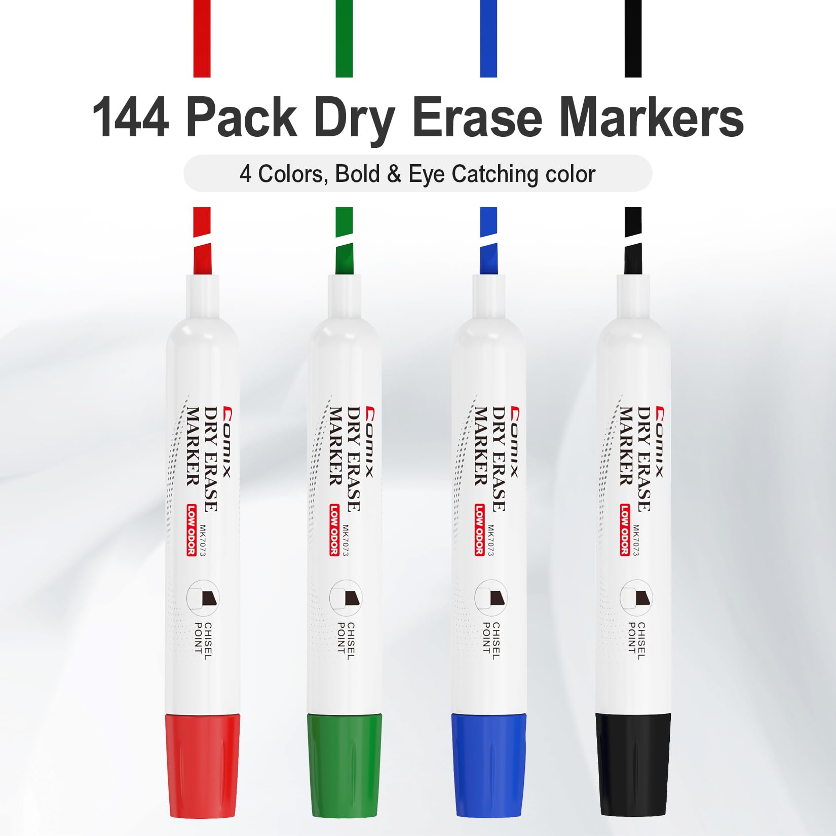 Comix Whiteboard Marker, 144 Whiteboard Stifte abwischbar,Set mit 4 Farben Rundspitze Stifte Marker, ideal für Klassenzimmer, Büro und Kinder | Keilspitze, Vorteilspack, geruchsarm, ungiftig, leicht zu löschen, geeignet für Klassenzimmer, Lehrer, Büro, Sc