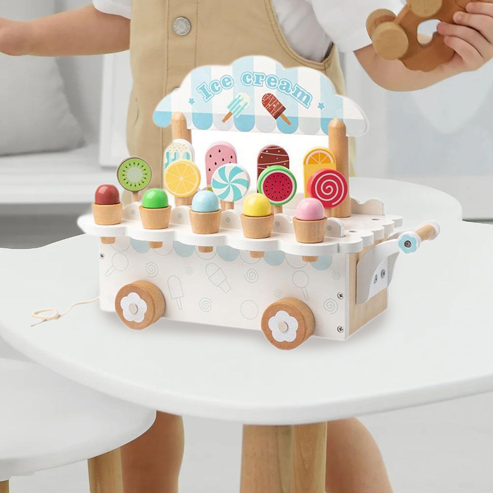 Juego de Helados de Madera, Juguetes de Madera, Accesorios de Cocina, Juego de Juguetes de Comida, Juguete de para Niños Y Niñas, Regalos Navid, Blanco
