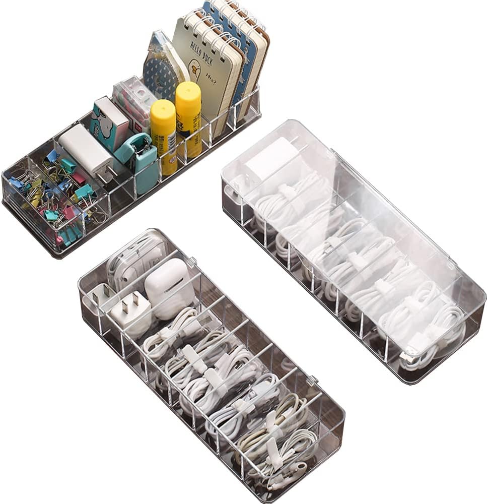 STARRY G Cable Tidy Box with Lid, 8 Grids Acrylic Cable Organizer Box, Storage Box for Charger