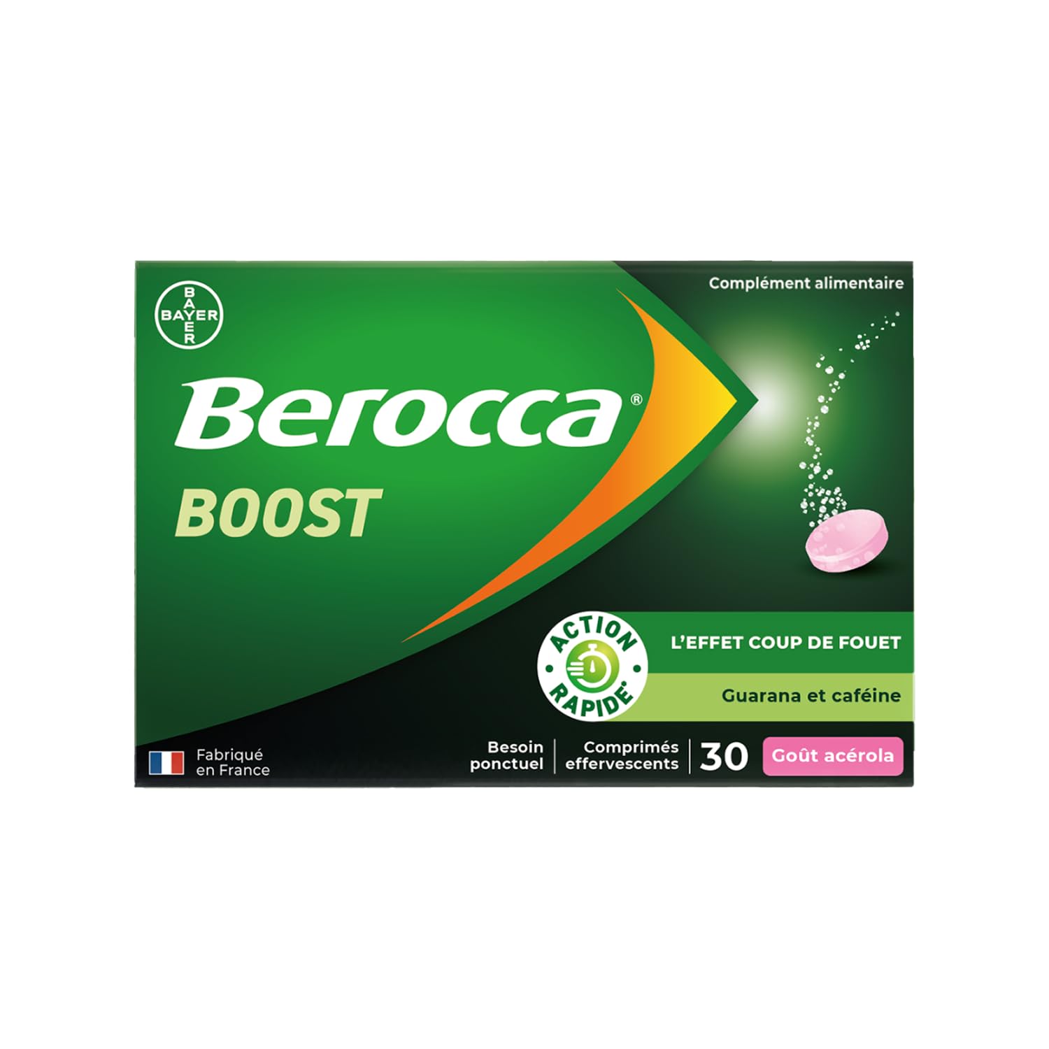 Berocca Boost - Effet coup de fouet - Aide à réduire la fatigue - Vitamine B12, Guarana, Caféine, Vitamine C et Magnésium, Goût Acérola - Complément Alimentaire - 30 cp effervescents