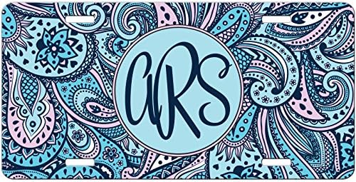 Personalized License Plate Monogram Blue and Pink Paisley License Plate Car Auto Tag Aluminum PLP