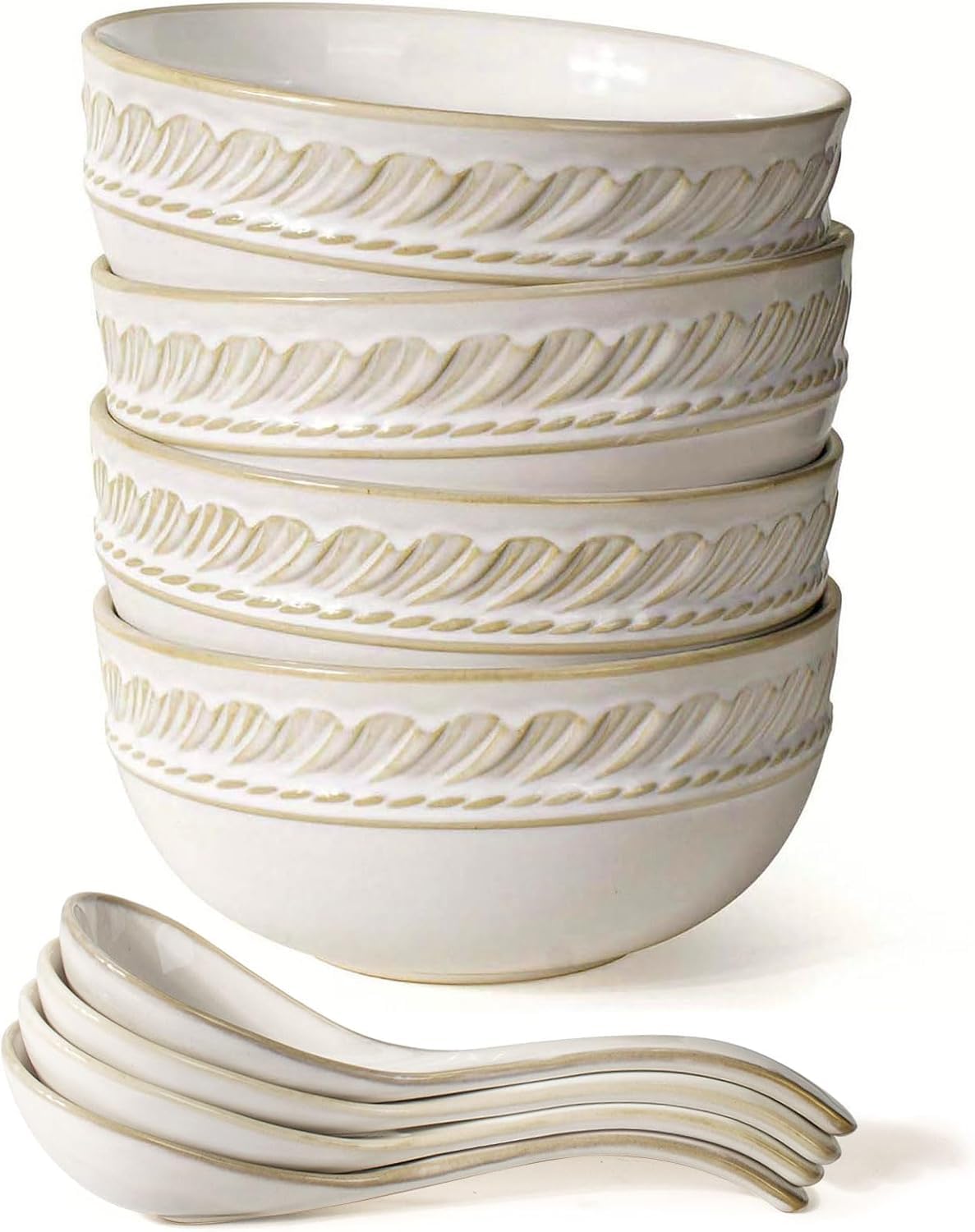 Artena Plates And Bowls Sets, 16 Pieces Dinnerware Sets, Dish Set For 4, Ceramic Kitchen Bowl And Plate Set, Cereal Bowls & Soup Spoons, Pho Bowls And Spoons Set, Embossed Ceramic Ramen Bowls