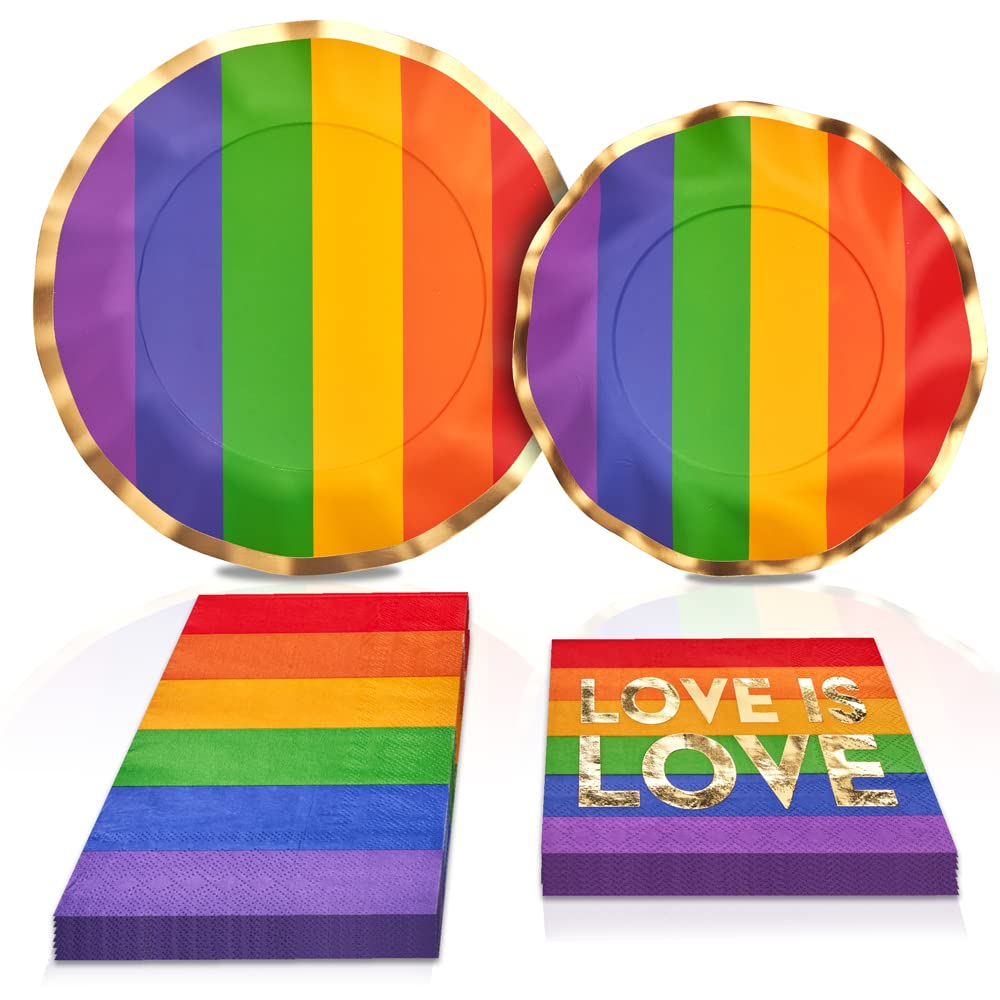 Sophistiplate Table Setting Set, Elegant Disposable Paper Plates- Premium Heavyweight Paper Place Setting includes 8 Dinner Plates, 8 Salad Plates, 20 Cocktail Napkins, 20 Napkins, Pride, Rainbow