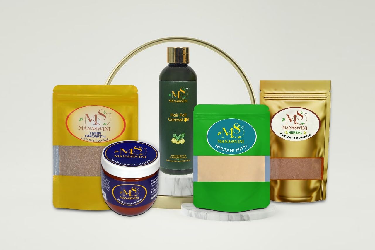 Manaswini Herbal Hair Care Family Pack, 5 Products Set with Hair Oil, Powder Shampoo, Growth Powder, Conditioner, Multani Mitti, Natural Ayurvedic Formula, 100-200ml/gm-image-35